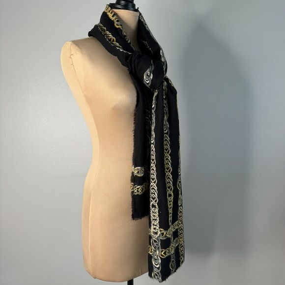 Black Chain Oversized Scarf Wrap Throw Fringe Soft Cozy Fall - Picture 2 of 7